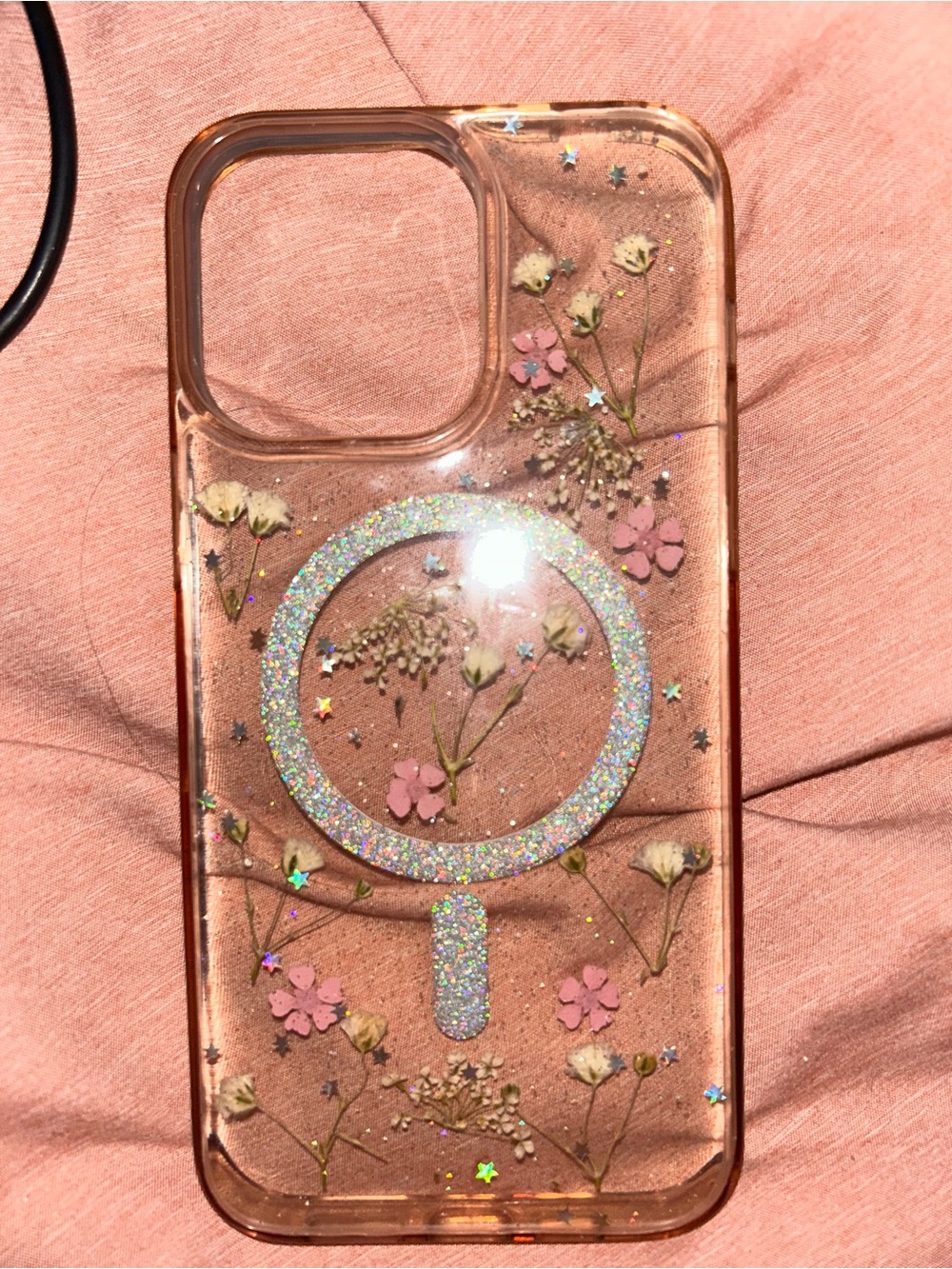 Pink Floral Clear MagSafe-Compatible Phone Case with Glitter Ring